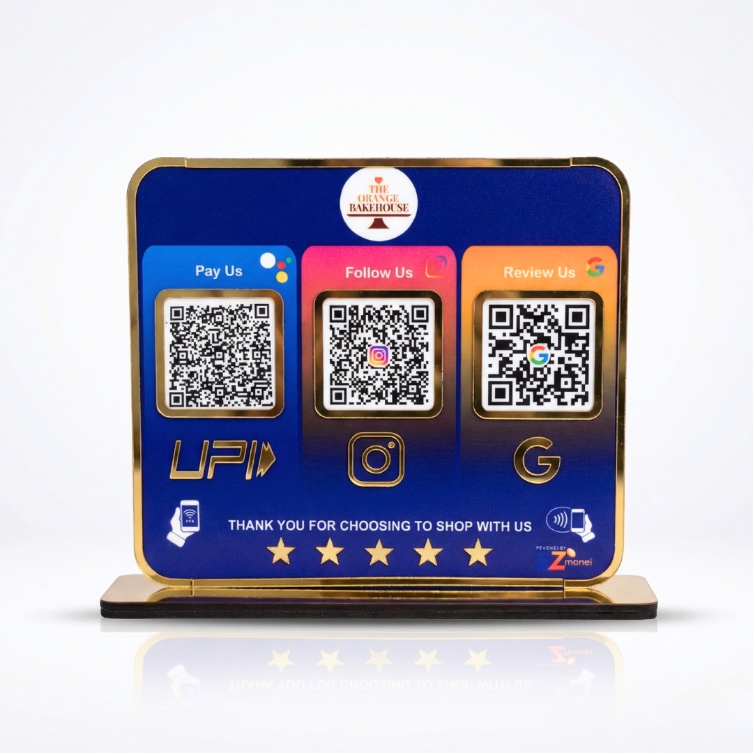 Premium Smart NFC 3QR Table Top Standee | Social Media Theme Edition | Blue