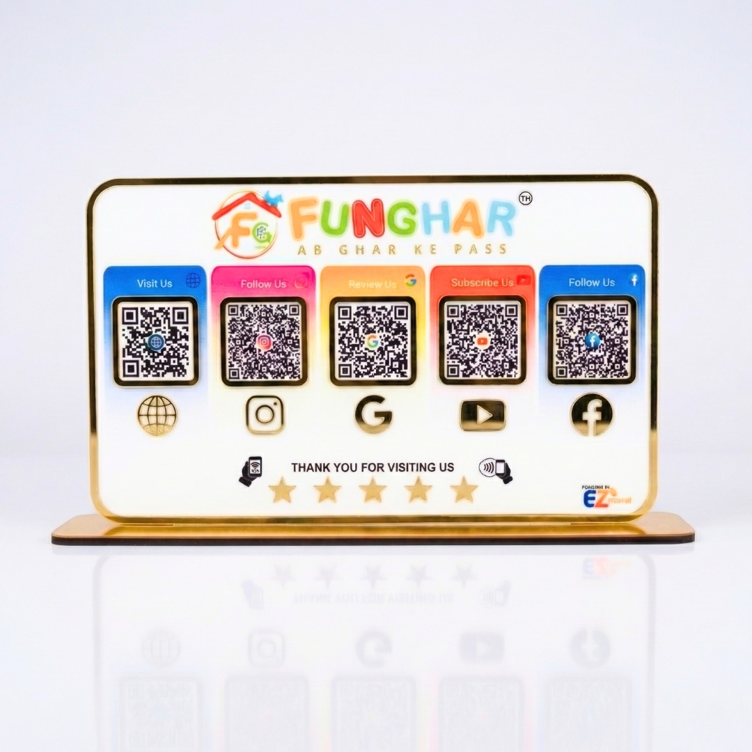 Premium Smart NFC 5QR Table Top Standee | Social Media Theme Edition | White | 8 x 13 inch