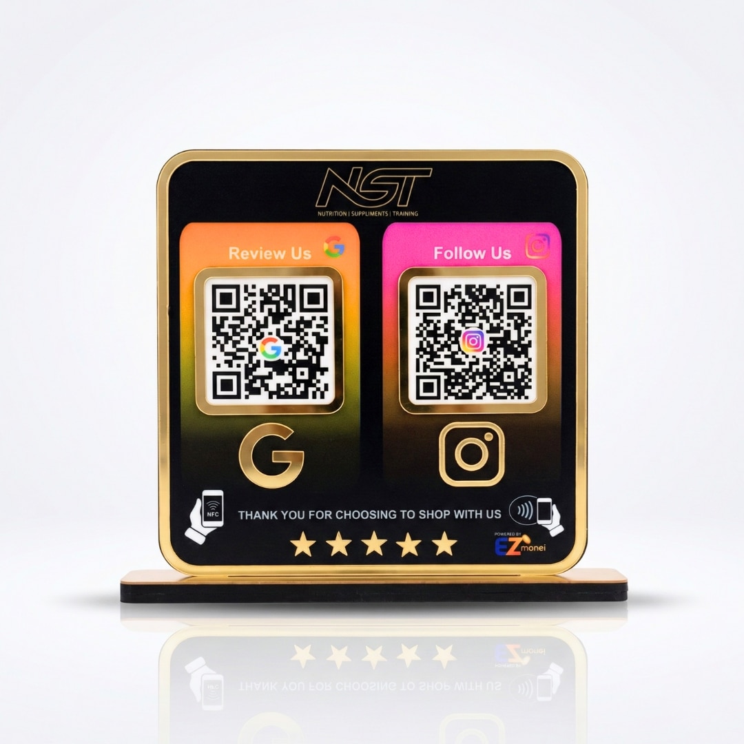 Premium Smart NFC 2QR Table Top Standee | Social Media Theme Edition | Black