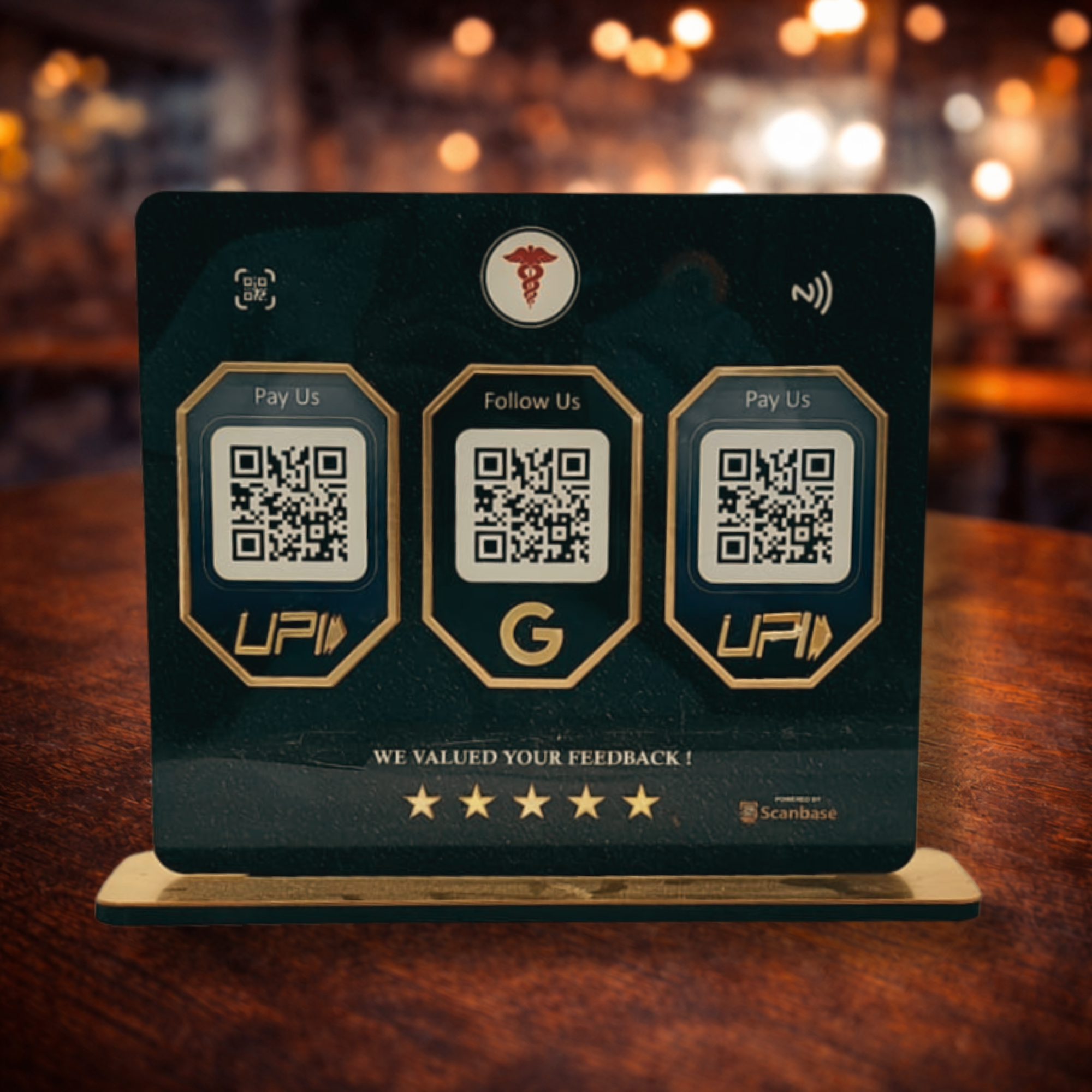 ScanBase triple barcode black dot QR standee for business reviews payments and social media engagement