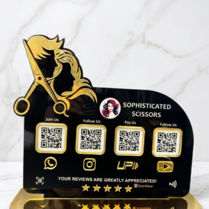 ScanBase 4 in 1 Salon QR Code Standee for payments reviews social media and contactless customer engagement