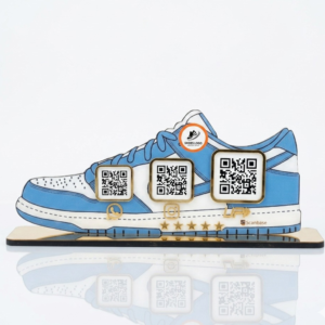 ScanBase Shoe Smart 3QR NFC standee with triple QR codes for product catalog, offers, and customer engagement