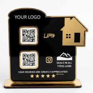 ScanBase 2QR real estate NFC standee for property business with QR codes for listings, contact, and enquiries