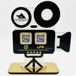 ScanBase 2QR NFC standee for photography studio with QR codes for gallery, pricing, and direct contact