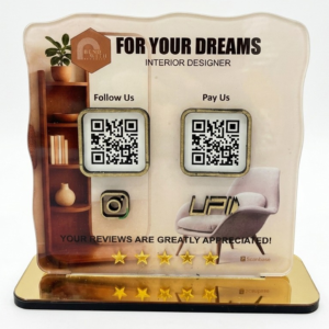 ScanBase Interior Smart 2QR NFC standee with dual QR codes for design portfolio and client enquiries