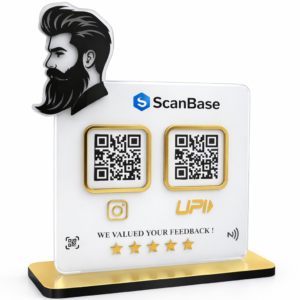 ScanBase Hair Salon 2QR NFC standee with dual QR codes for services, booking, and customer reviews